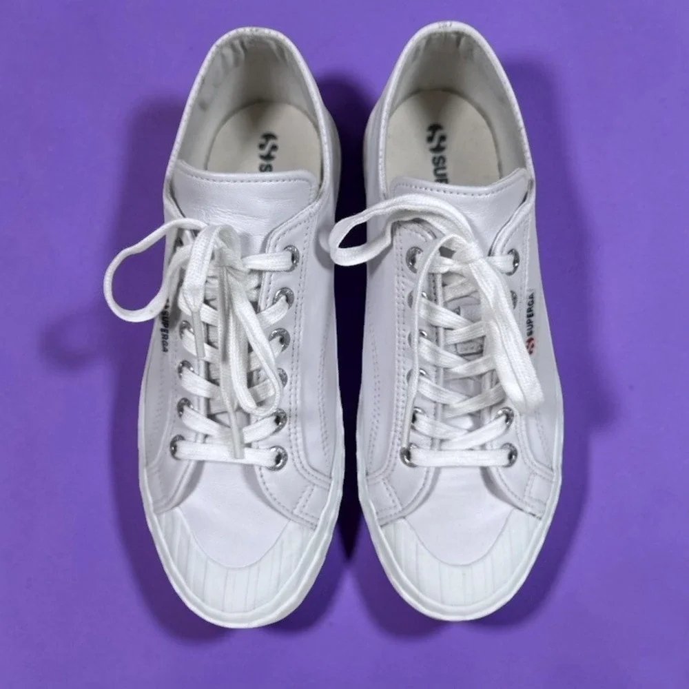 SUPERGA 2630 Stripe Nappa White Leather Platform Lace Up Casual Sneakers Women 8